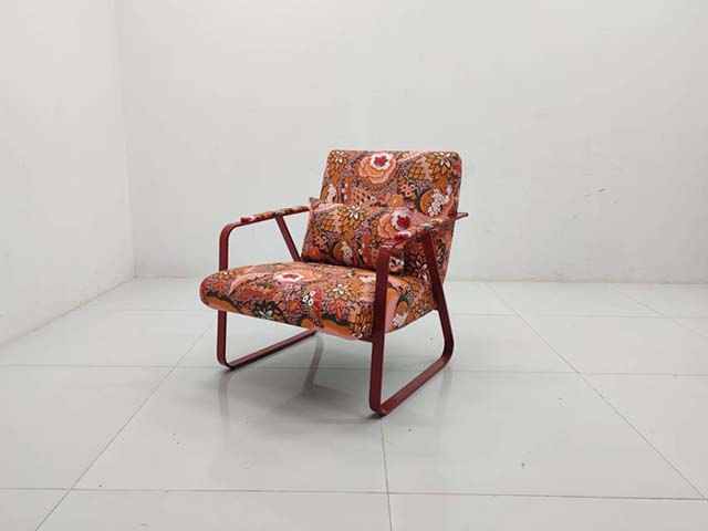 Retro Floral Upholstered Red Cantilever Sled Frame Lounge Armchair with Matching Throw Pillow