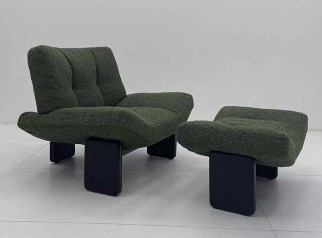 Dark Green Boucle Upholstered Lounge Chair with Matching Ottoman