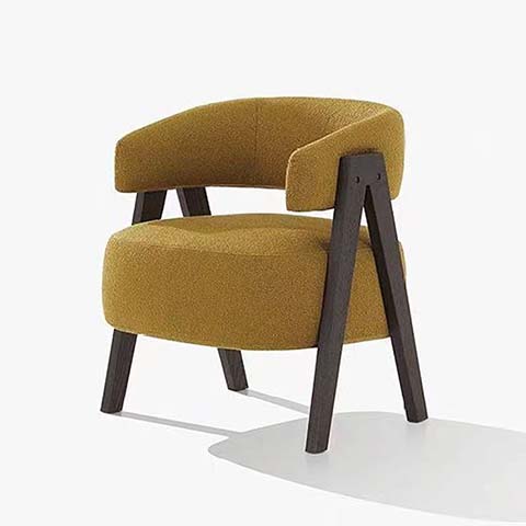 Mustard Woven Fabric Barrel-Style Lounge Armchair with Dark Splayed Wood Legs