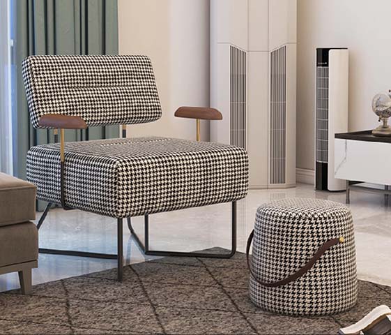 Black and White Houndstooth Upholstered Lounge Chair with Matching Cylindrical Ottoman