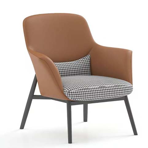 Two-Tone Houndstooth Fabric and Tan Faux Leather Lounge Armchair with Dark Metal Splayed Legs