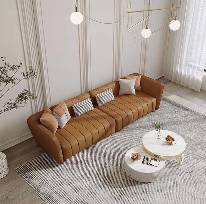 Camel Brown Channel-Tufted Curved Arm 4-Seater Floor Sofa