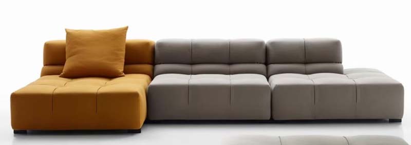 Two-Tone Mustard and Gray Grid-Quilted Modular Sectional Sofa