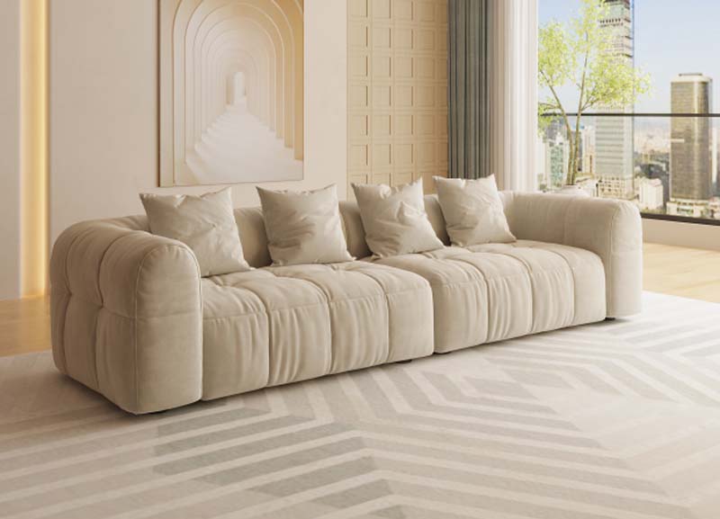 Cream Channel-Tufted Low-Profile 4-Seat Modular Fabric Sofa