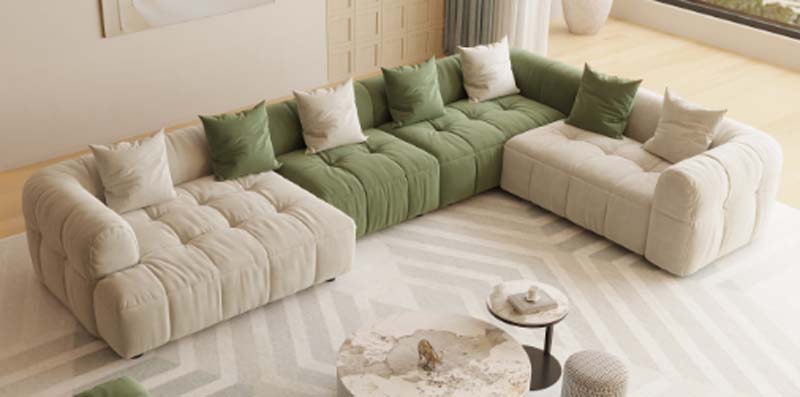 Cream and Sage Green Biscuit-Tufted L-Shaped Modular Sectional Sofa