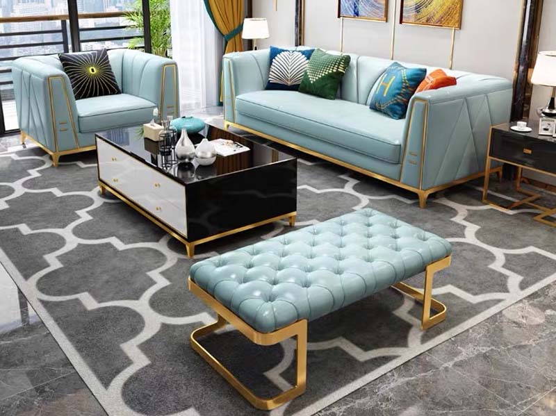 Light Blue Tufted Gold Frame Upholstered Ottoman Bench