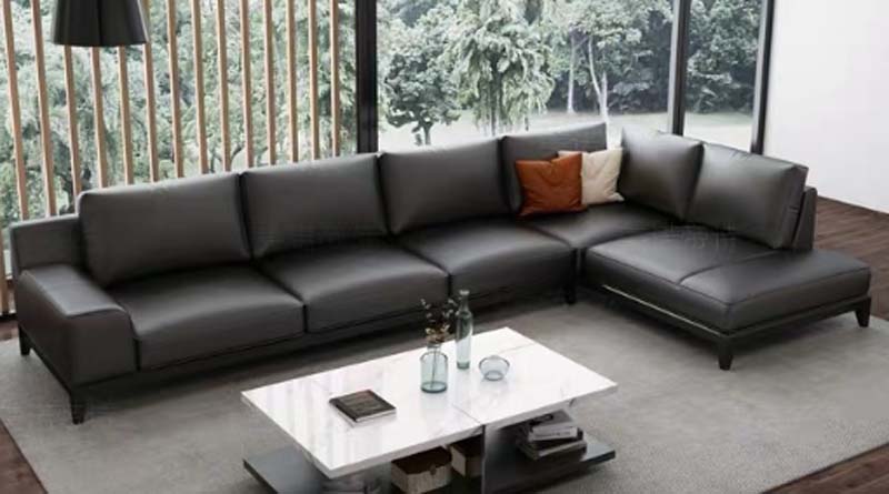 Dark Gray Right-Facing L-Shaped Leather Sectional Sofa with Chaise