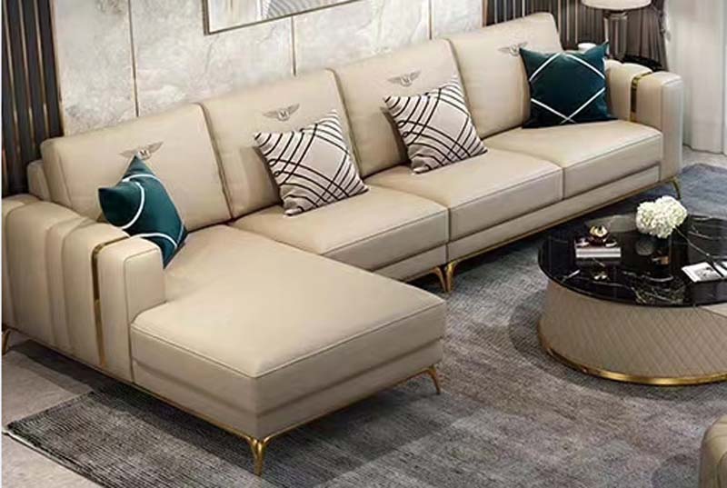 Beige Left-Chaise L-Shaped Sectional Sofa with Gold Metal Accents
