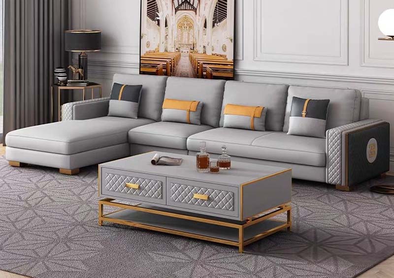 Light Gray L-Shaped Sectional Sofa with Gold Accent Coffee Table