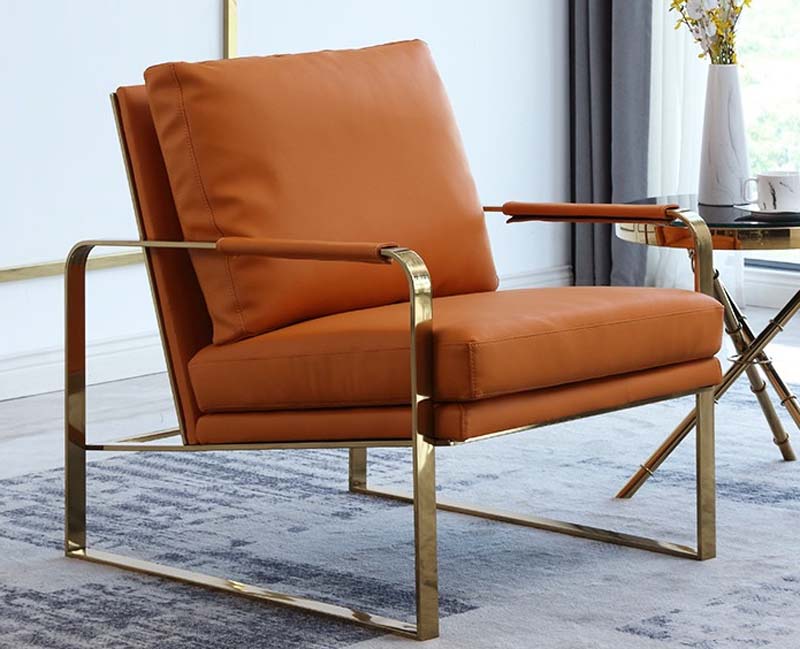 Terracotta Smooth Upholstered Lounge Accent Armchair with Polished Gold Cantilever Sled Frame