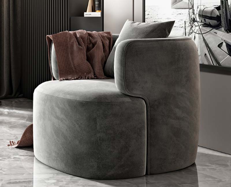 Grey Velvet Asymmetrical Wrap-Arm Swivel Barrel Accent Chair