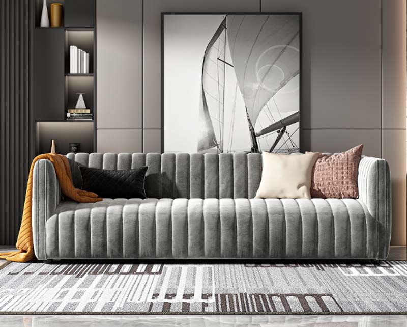 Light Grey Velvet Channel-Tufted Three-Seat Sofa