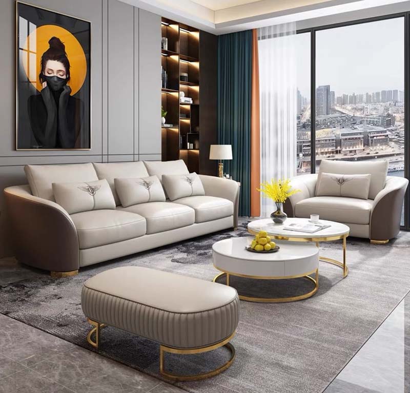 Two-Tone Leather Upholstered Living Room Seating Set with Nesting Coffee Tables