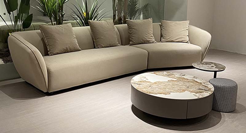 Beige Woven Fabric Curved 4-Seater Sectional Sofa with Recessed Plinth Base
