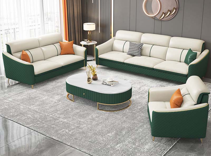 Two-tone Cream Dark Green Light Luxury Living Room Sofa Set with Matching Oval Coffee Table