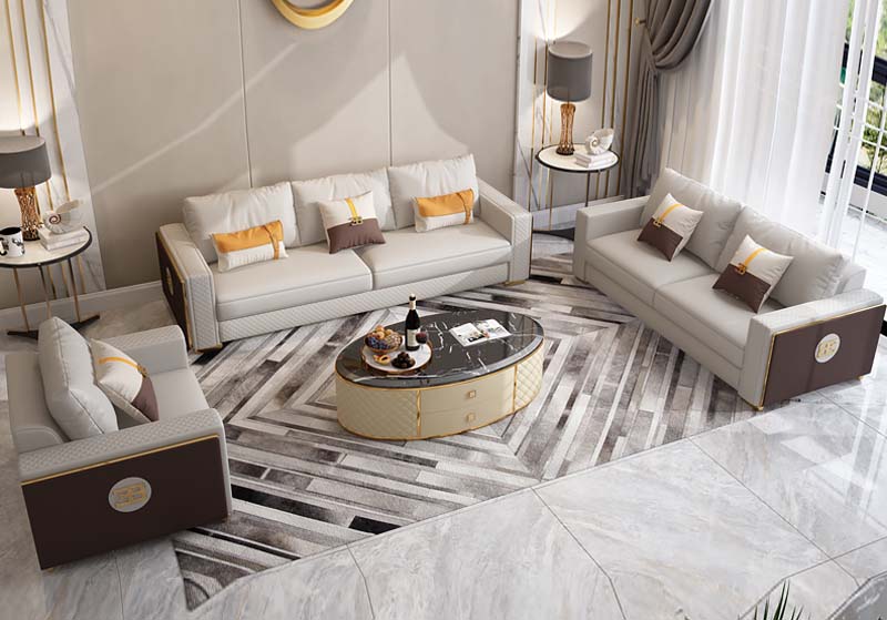 Oval Coffee Table with Black Marble-Look Top, Quilted Cream Base and Gold Trim