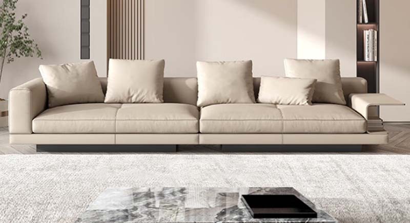 Modern Beige Upholstered Four-Seater Sofa with Integrated Right Cantilever Side Table