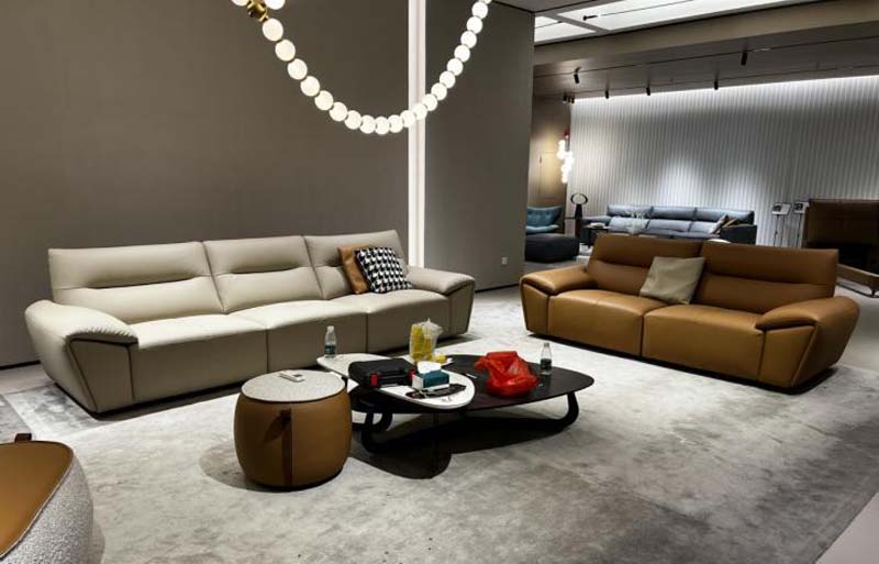 Curved Arm Leather Reclining Sofa Set, 3-Seat Light Grey + 2-Seat Tan