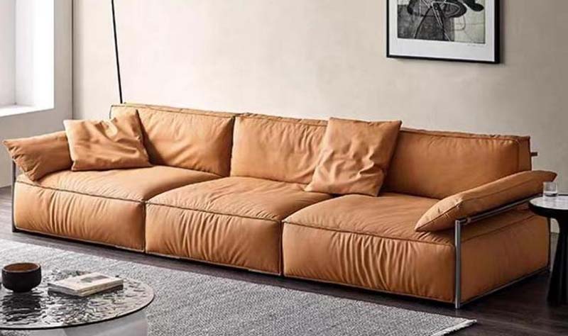 Camel Tan Deep-Seat Three-Seater Upholstered Sofa with Exposed Silver Steel Frame