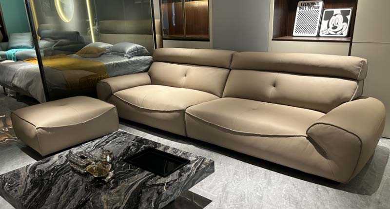 Low-Profile Beige Top-Grain Leather 3-Seater Sofa with Matching Ottoman