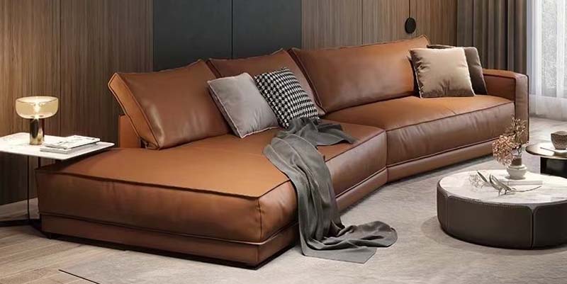 Low-profile Caramel Leather L-shaped Sectional Sofa with Left Chaise, Single Right Armrest