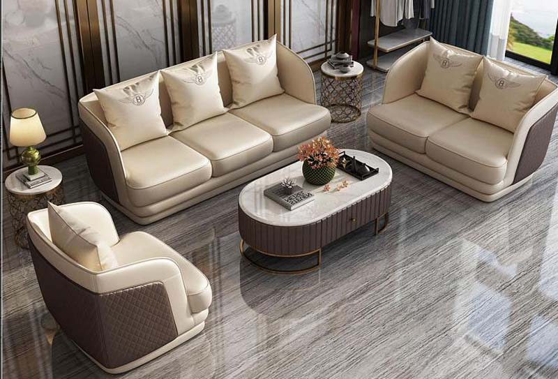 Two-Tone Cream Brown Curved Arm Upholstered 1+2+3 Living Room Sofa Set