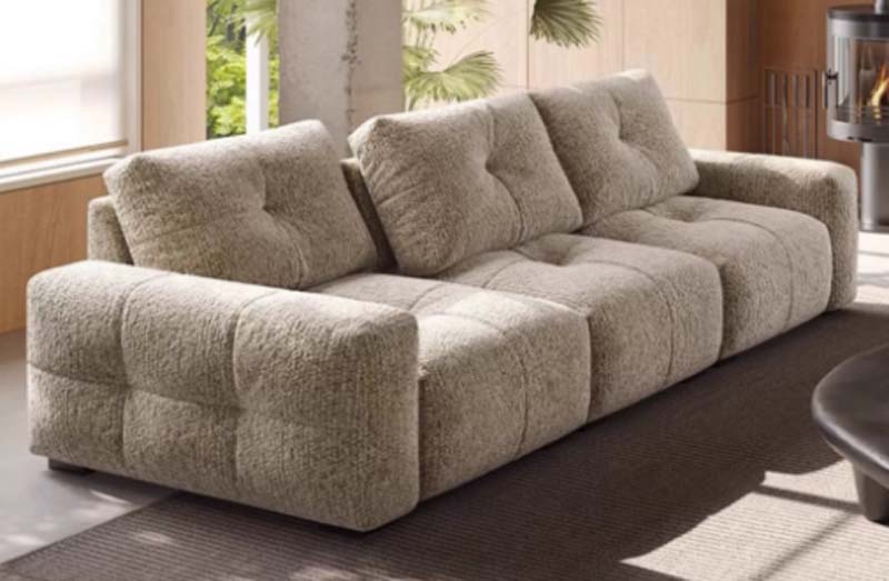 Oatmeal Block-Quilted Boucl&eacute; Three-Seat Sofa