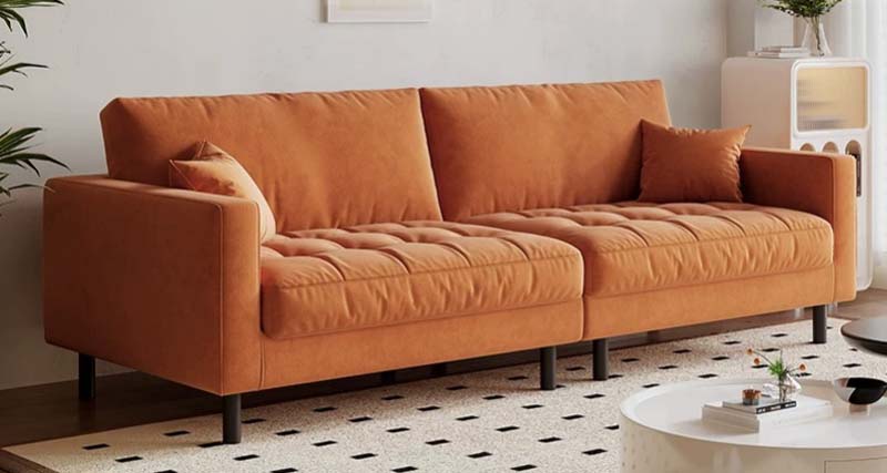 Burnt Orange Channel-Tufted Upholstered Three-Seat Sofa