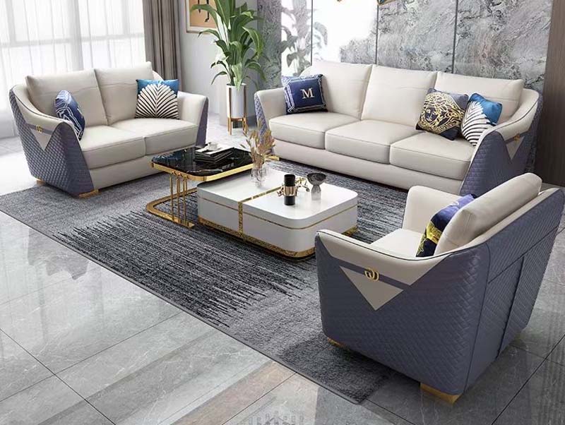Cream and Navy Diamond-Quilted Curved-Arm Upholstered Sofa Suite
