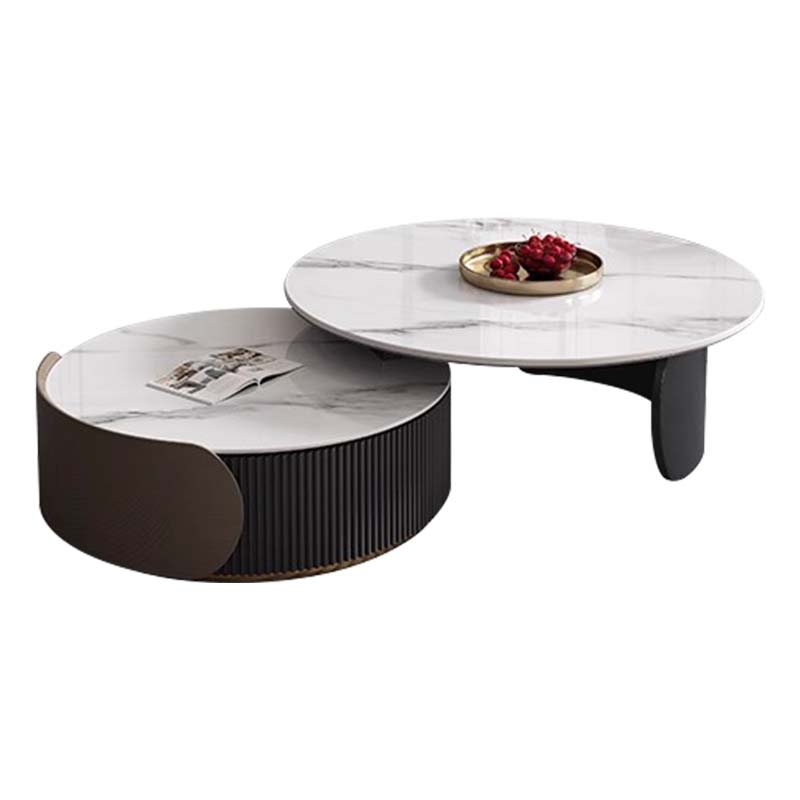 Two-Piece Round Nesting Coffee Table with White Marble-Look Tops and Fluted Pedestal Base