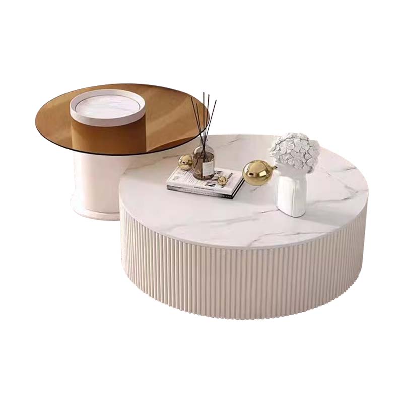 Nested Round Coffee Tables with White Fluted Base and Amber Glass Top