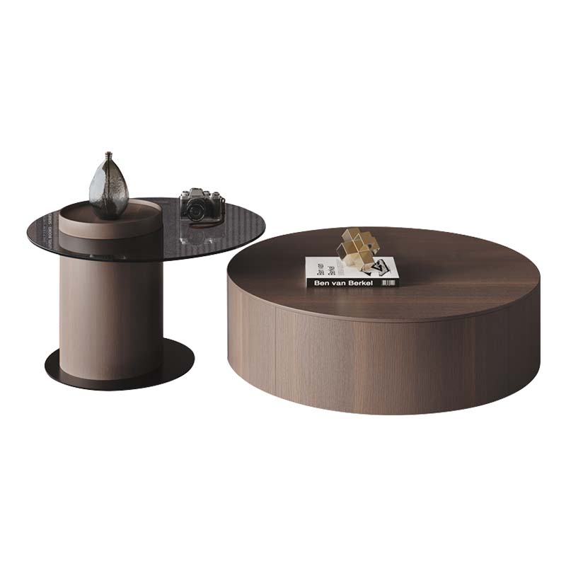 Round Nesting Coffee Table Set with Smoked Glass Side Table and Walnut Veneer Drum Table