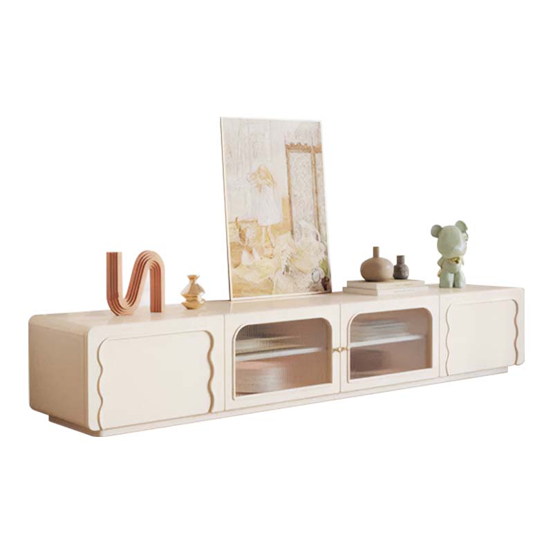 Cream Wavy-Door TV Media Console with Arched Glass Display Cabinets