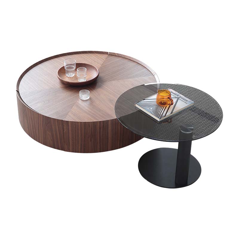 Round Walnut Veneer Storage Coffee Table with Smoked Glass Nesting Side Table