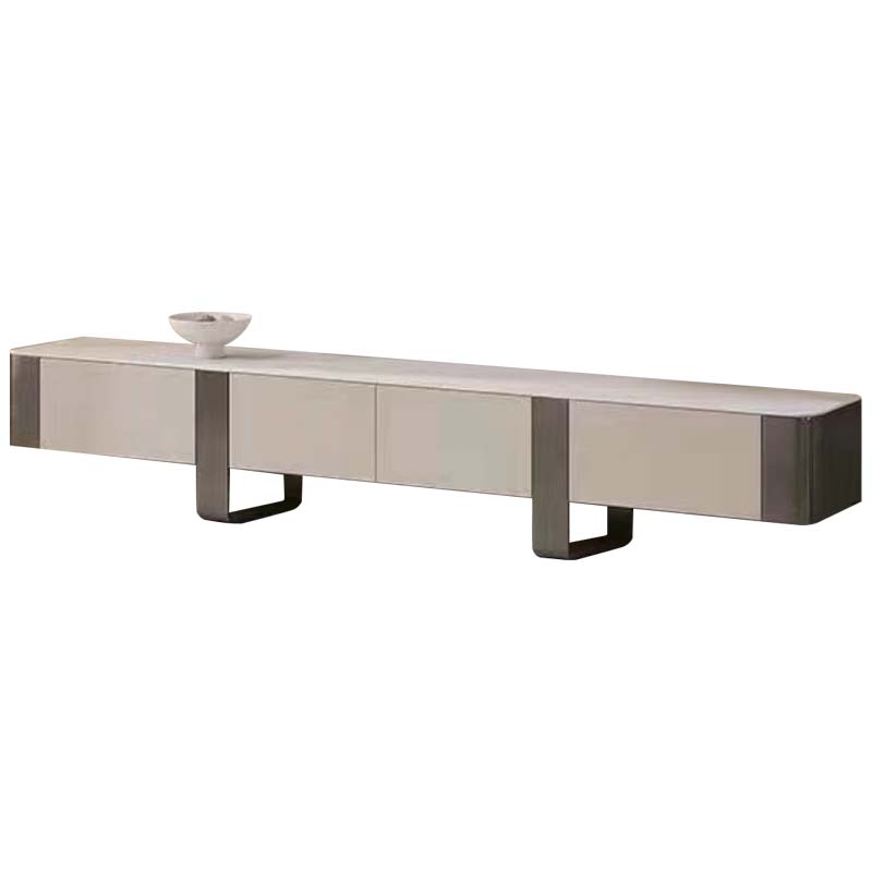 Modern Low Four-Door TV Console with Light Taupe Cabinet and Dark Loop Base
