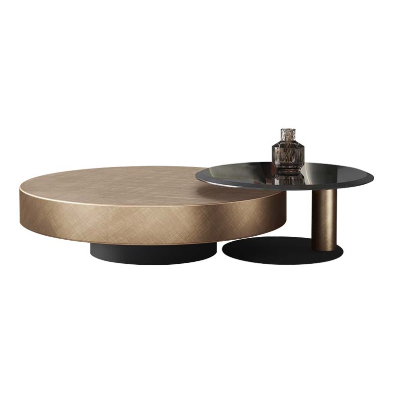 Two-Piece Round Nesting Coffee Table Set with Bronze Drum and Black Gloss Top