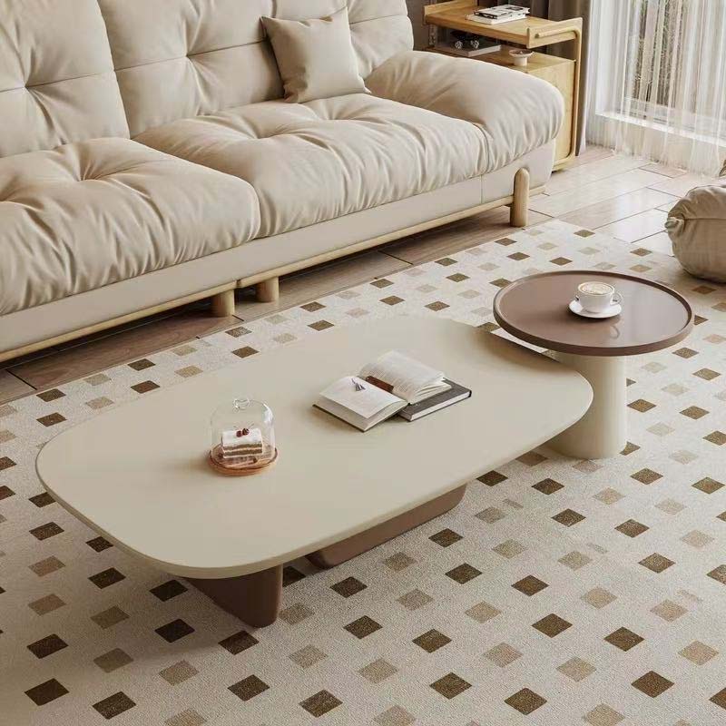 Two-Piece Cream Rounded Rectangular and Taupe Round Nesting Coffee Table Set