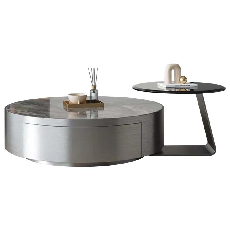 Two-Piece Round Nesting Coffee Table with Grey Stone Top and Black Glass Side Table