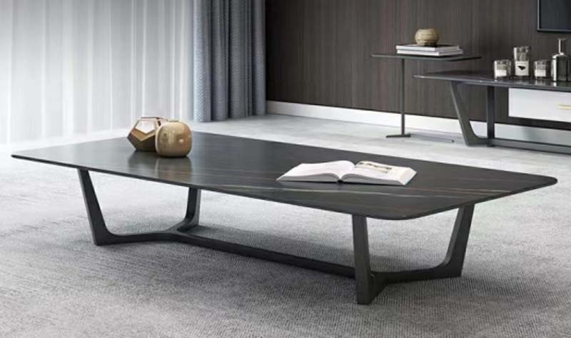 Dark Rectangular Coffee Table with Rounded Corners and Open Sled Base