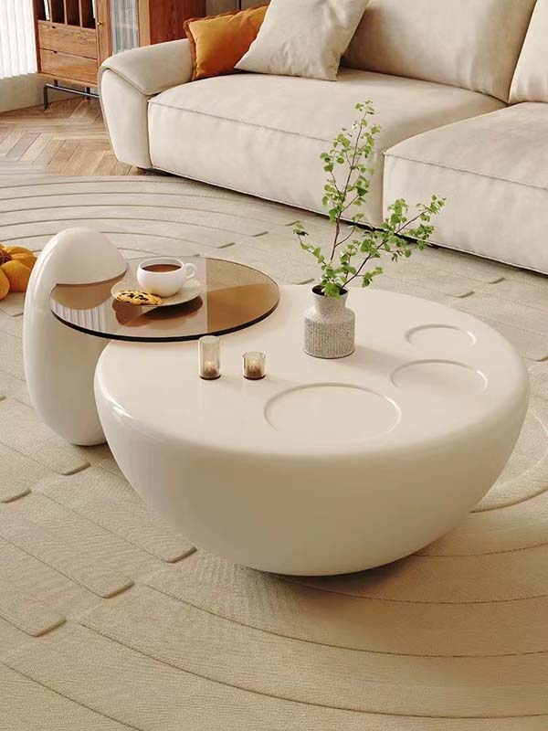 Cream Nesting Round Coffee Table Set with Brown Tinted Glass Top