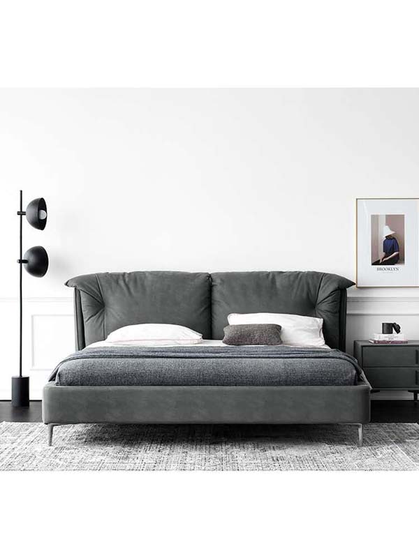 Charcoal Upholstered Soft-Back Bed with Slim Metal Legs