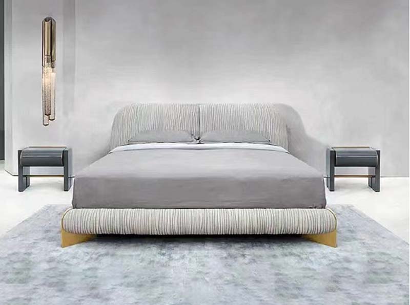 Pleated Upholstered Curved King Bed with Gold Legs