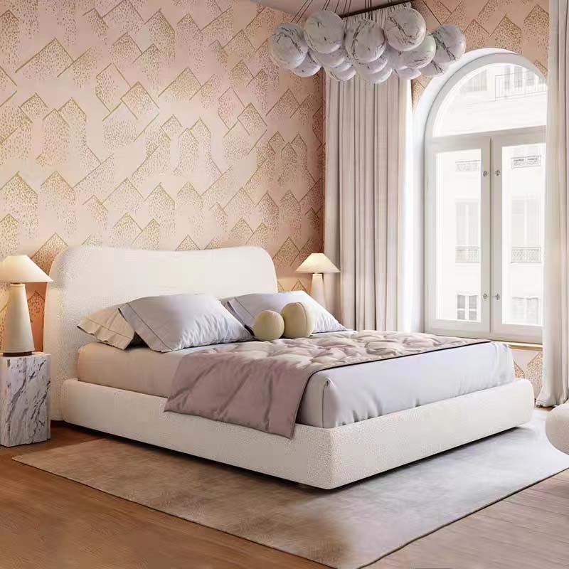 Ivory Boucle Upholstered Curved Platform Bed