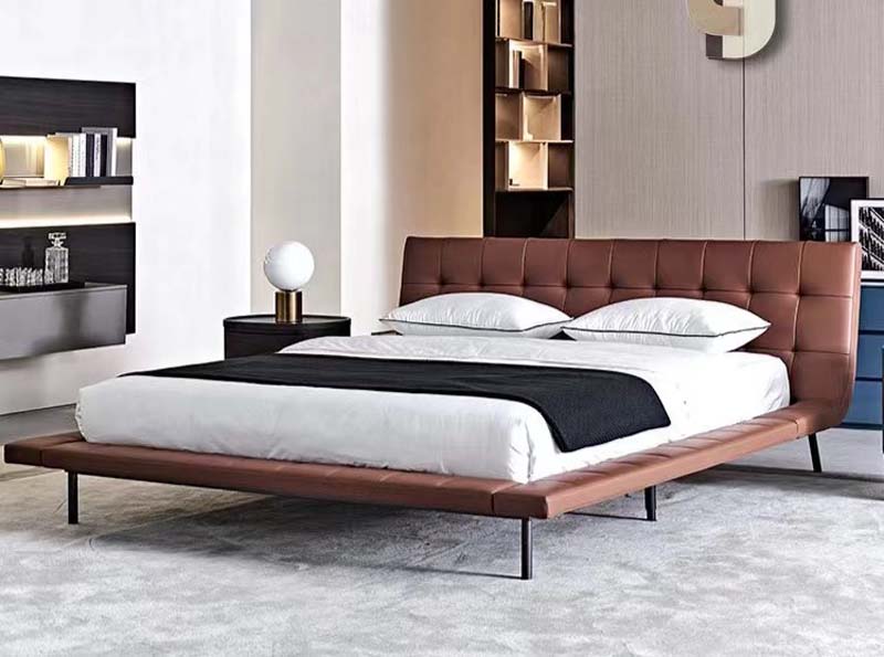 Channel-Tufted Brown Upholstered Platform Bed with Metal Legs