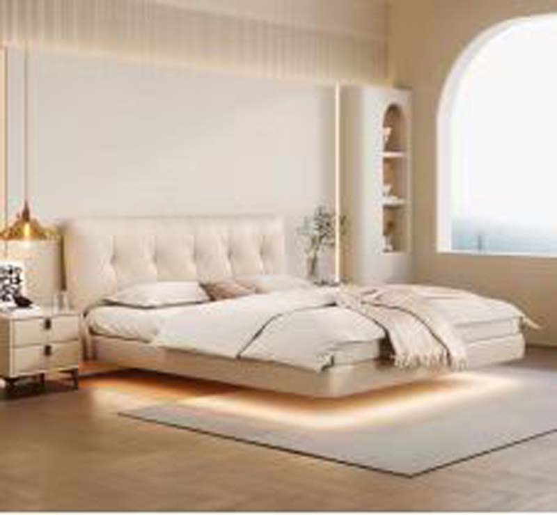 Cream Upholstered Floating Bed with LED Perimeter and Tufted Headboard