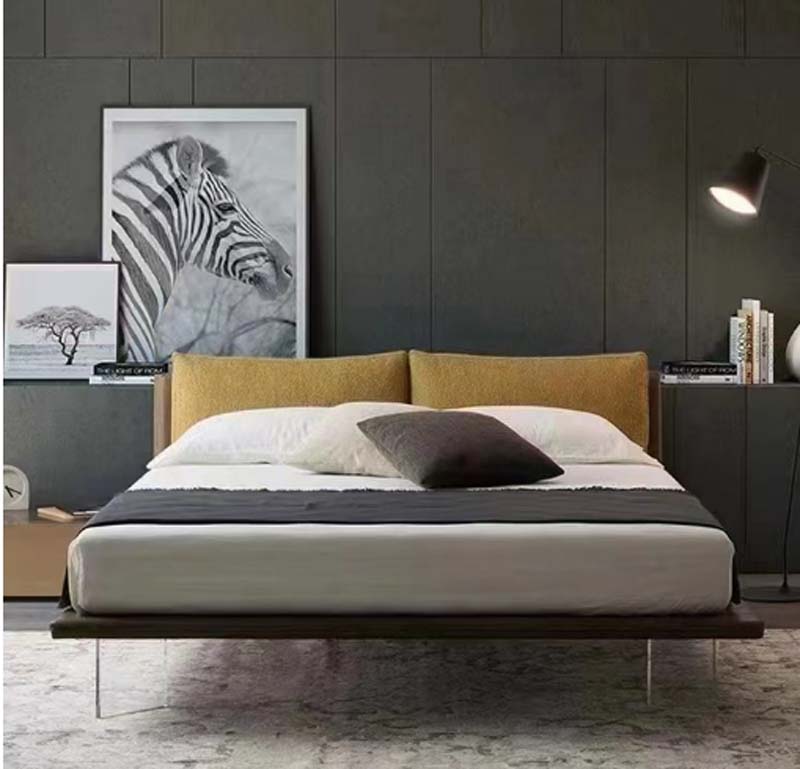 Low-Profile Upholstered Platform Bed with Mustard Cushioned Headboard