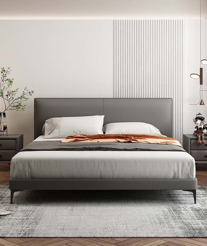 Modern Upholstered Low-Profile Platform Bed with Panel Headboard
