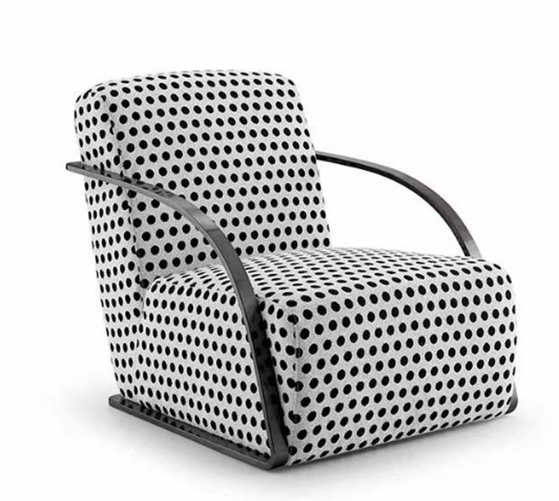 Upholstered Lounge Armchair with Curved Dark Wood Arms