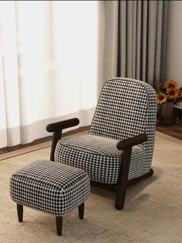 Houndstooth Upholstered Lounge Chair with Ottoman and Dark Wood Frame