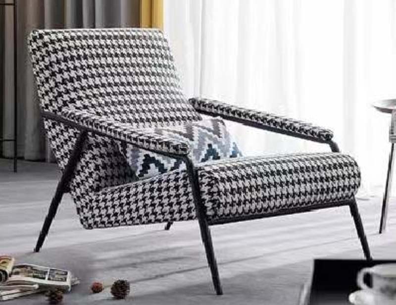 Houndstooth Upholstered Lounge Armchair with Black Metal Frame